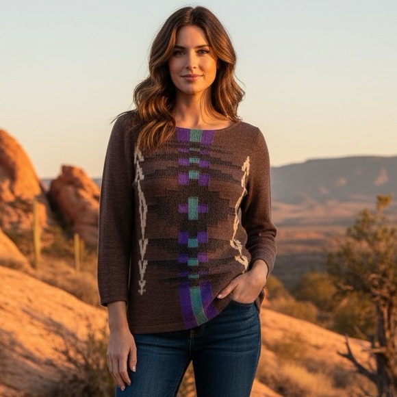 Lauren Ralph Lauren Tribal Knit Sweater Top | Brown Southwest Boho Style - Picture 1 of 10